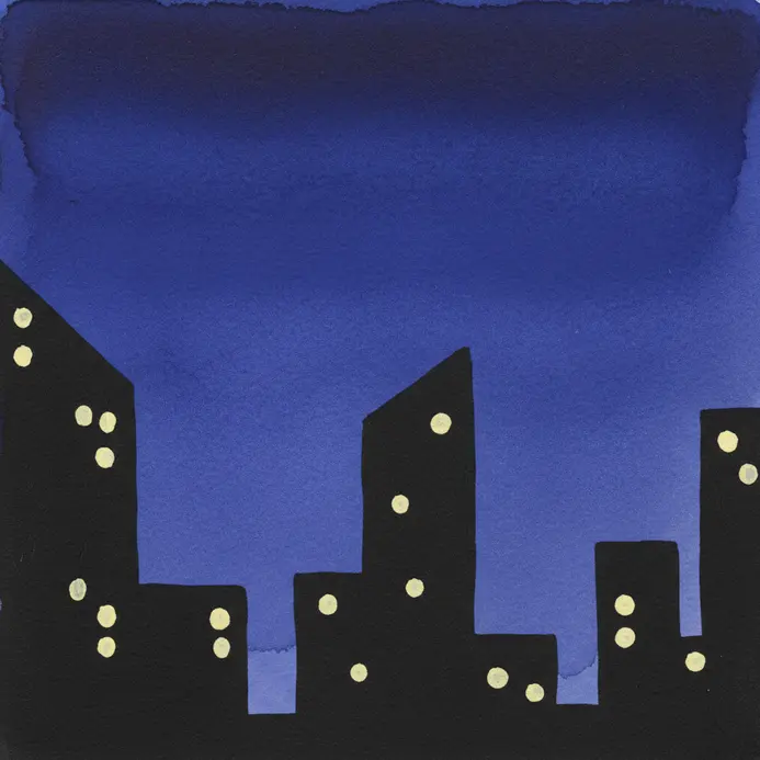 A silhouette of a city skyline in black against a solid indigo watercolor sky.