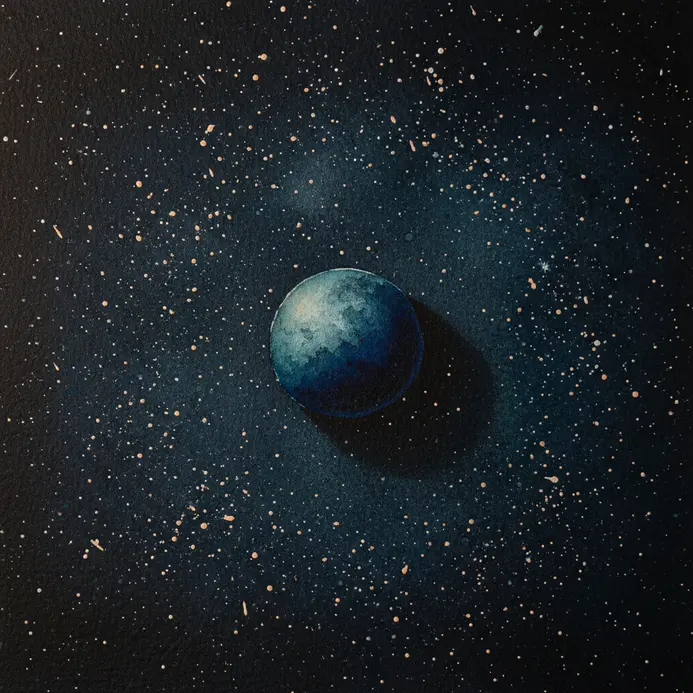 A small, round planet with subtle shading surrounded by many tiny white stars.