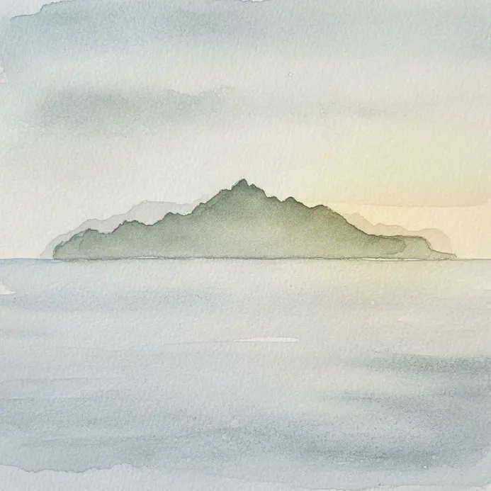A watercolor painting of a distant mountainous island on a calm blue ocean horizon.