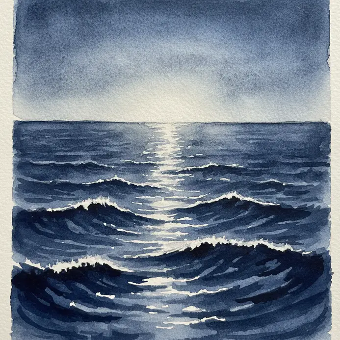A nighttime watercolor ocean with a white moon creating a shimmering path on dark water.