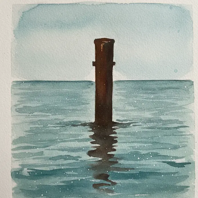 A composition-focused watercolor with dark pier post silhouettes over textured water.