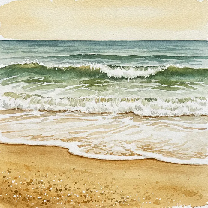 A sandy shoreline painted with a dry brush technique to show texture and gentle waves.