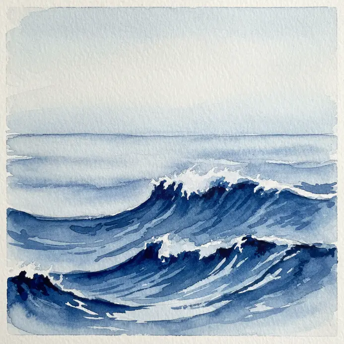 High-contrast watercolor waves in deep navy blue set against a very pale background.