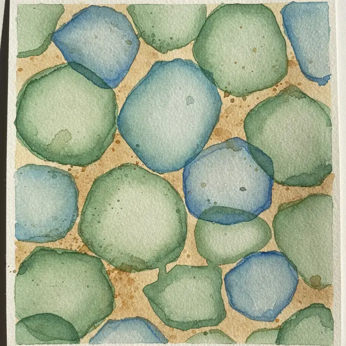 Translucent watercolor shapes in sea glass greens and blues resting on sandy beige.