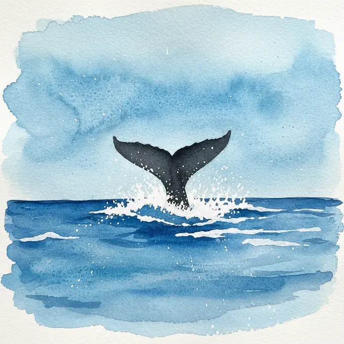 A dynamic watercolor scene focusing on the shape of a whale tail against ocean spray.