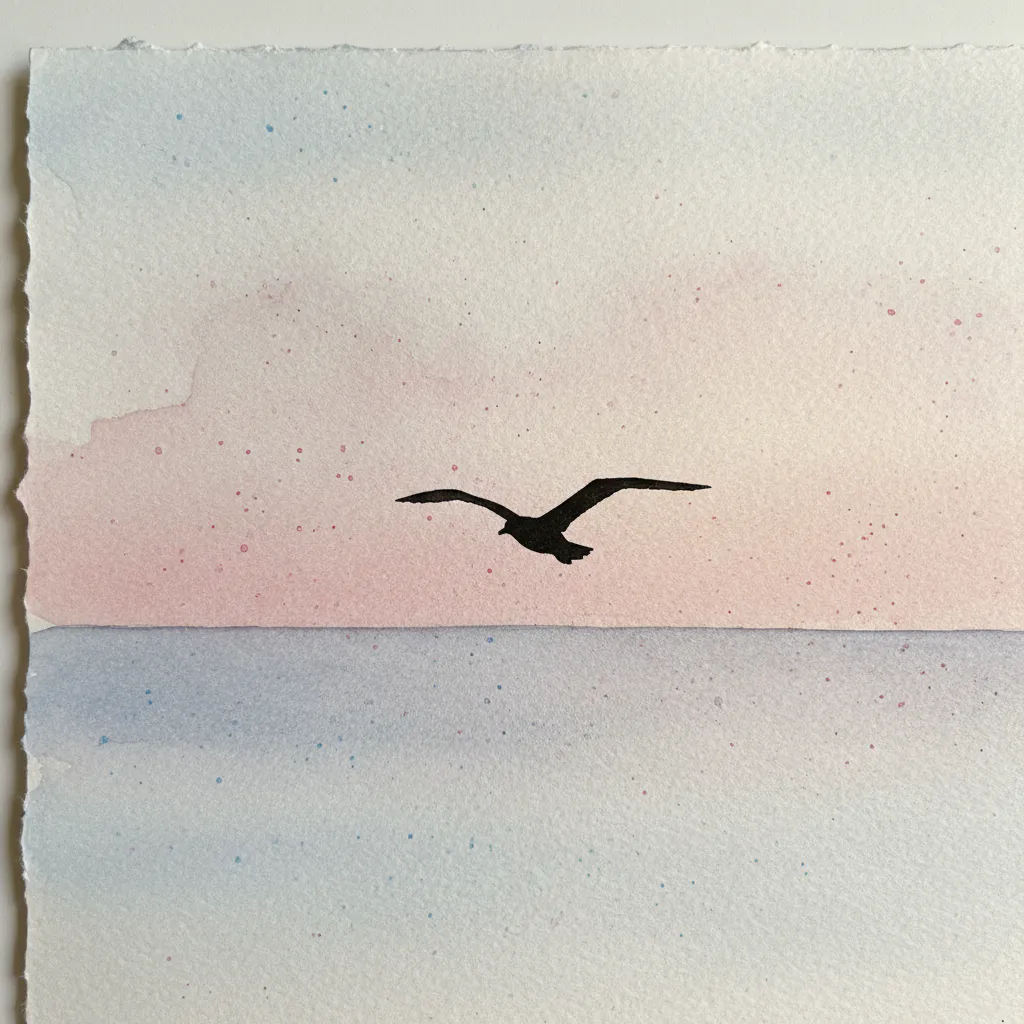 A minimalist watercolor with a bird silhouette above a perfectly flat horizon line.