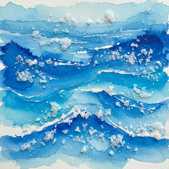 An abstract watercolor ocean texture created by dropping salt onto wet blue paint.