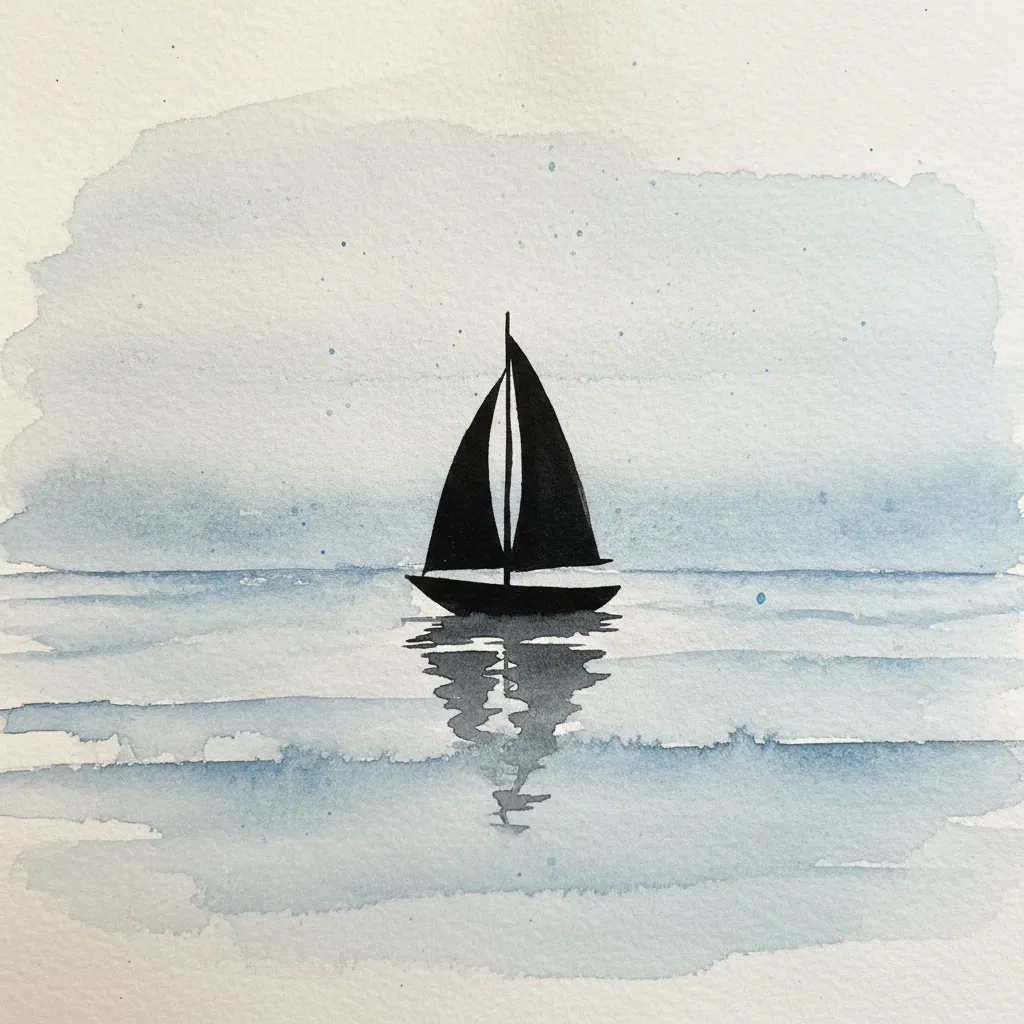 A minimalist watercolor scene with a dark sailboat shape against a light blue ocean wash.