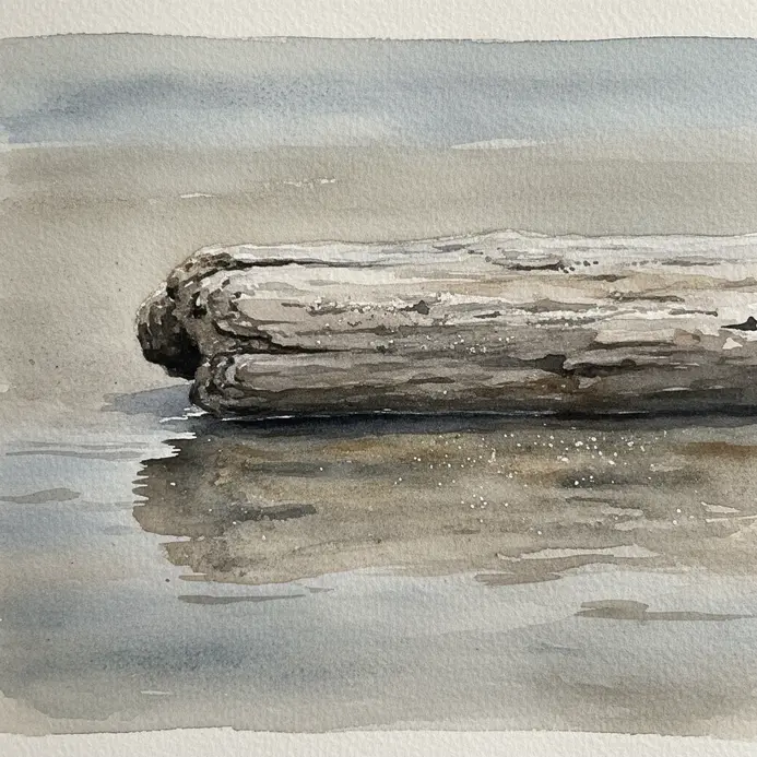 A detailed watercolor study of a single driftwood piece on wet, reflective sand.