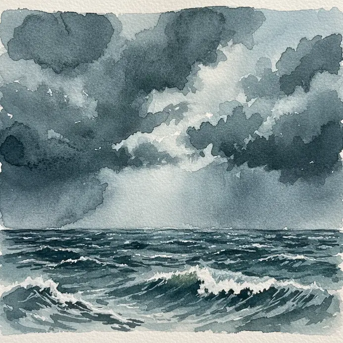 A watercolor painting showing layered grey storm clouds above textured, choppy waves.