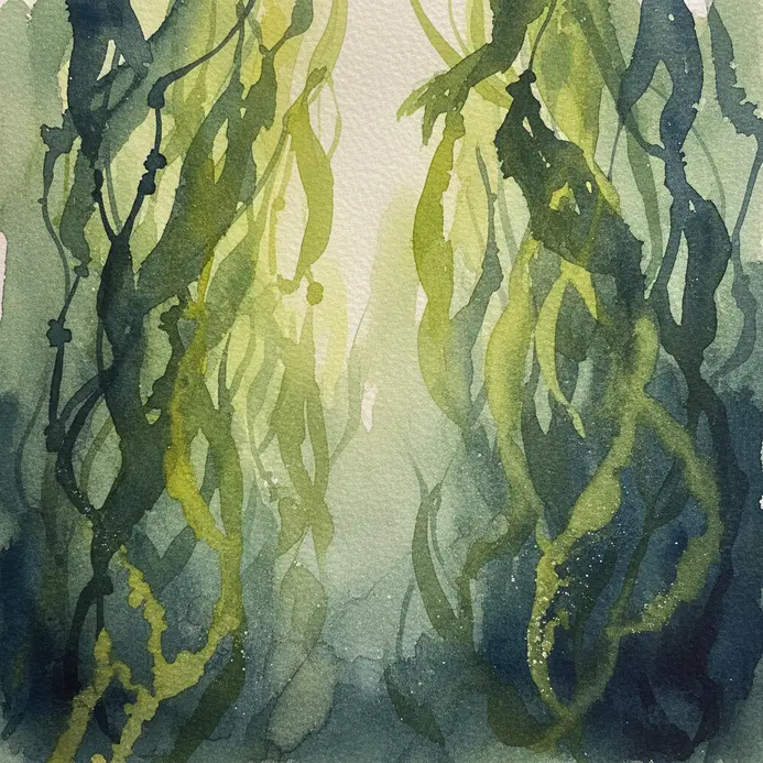 An underwater watercolor with light rays passing through layered green kelp fronds.