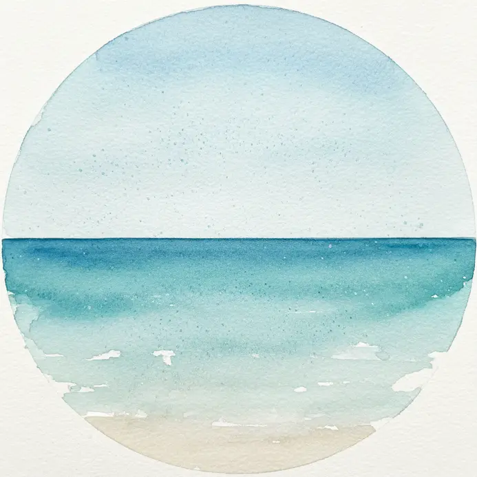 A circular watercolor study focusing solely on the line where the sea meets the sky.