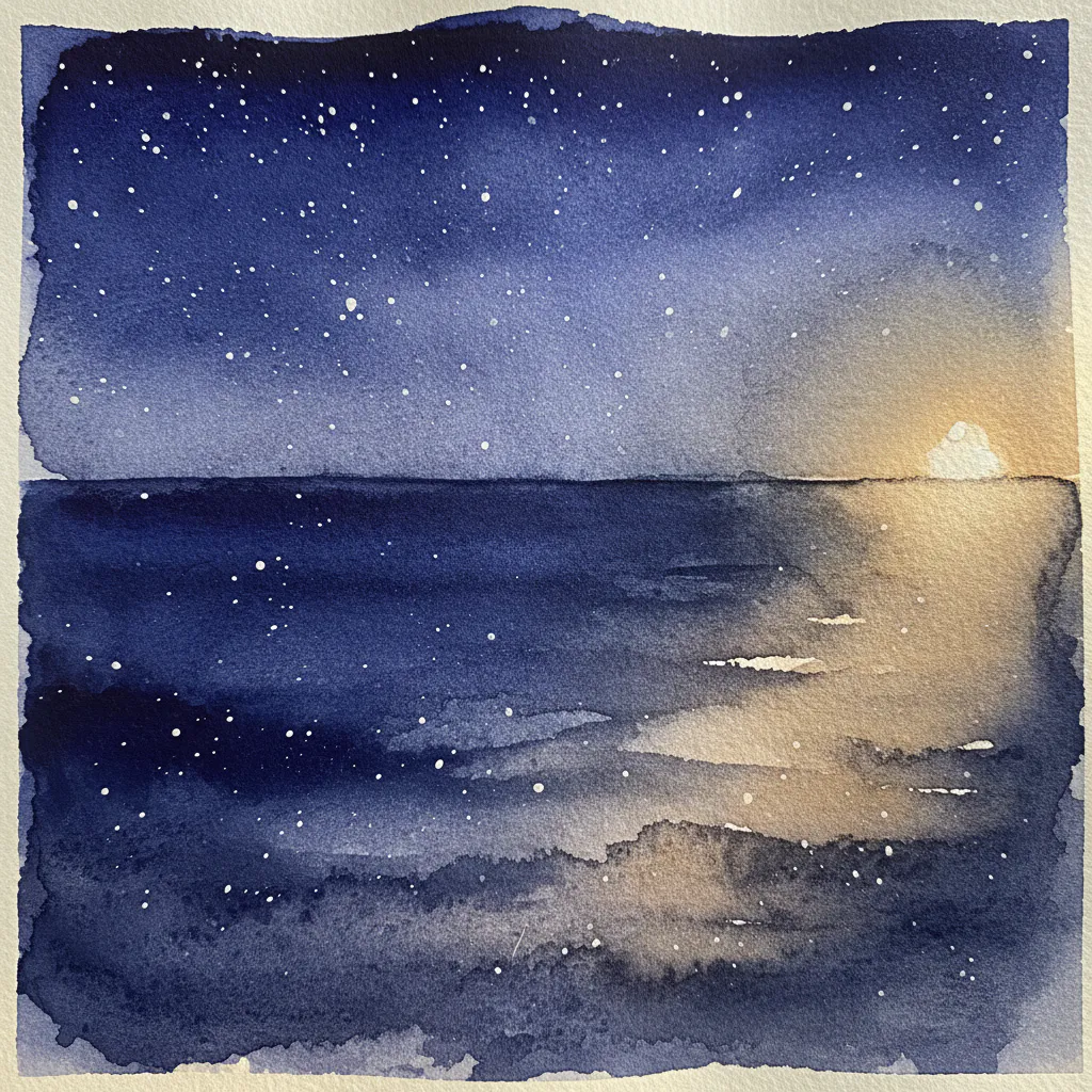 A minimalist night seascape in dark blue watercolor with tiny white stars speckled above.