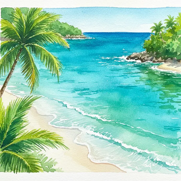 A vibrant watercolor cove with layered turquoise and green washes suggesting clear, shallow water.
