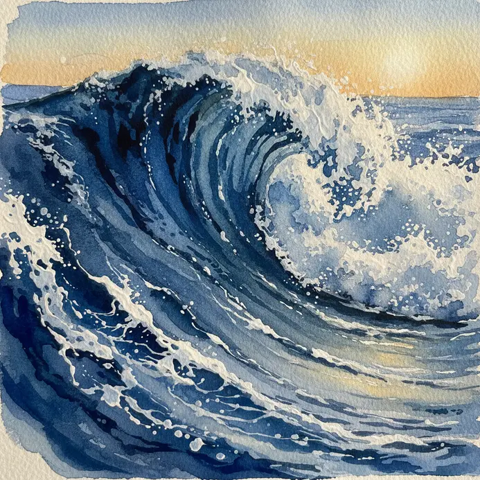 A detailed watercolor wave with crisp white foam created using a lifting technique.