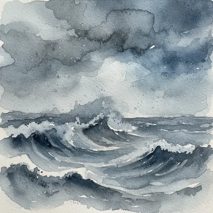 A moody watercolor seascape built with layers of grey and blue paint for depth.