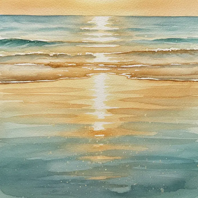 A watercolor painting showing golden light reflecting on gentle ocean waves.