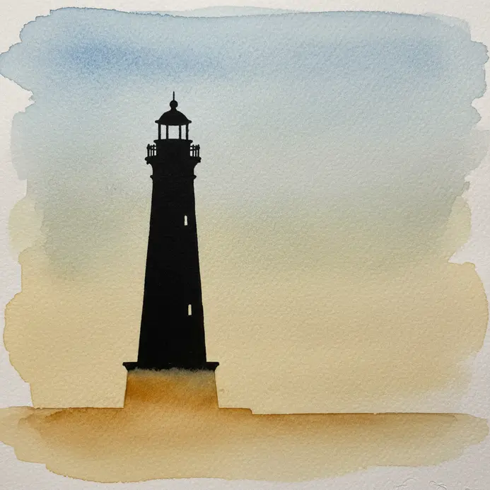 A simple watercolor scene with a detailed lighthouse silhouette over a blended sky.