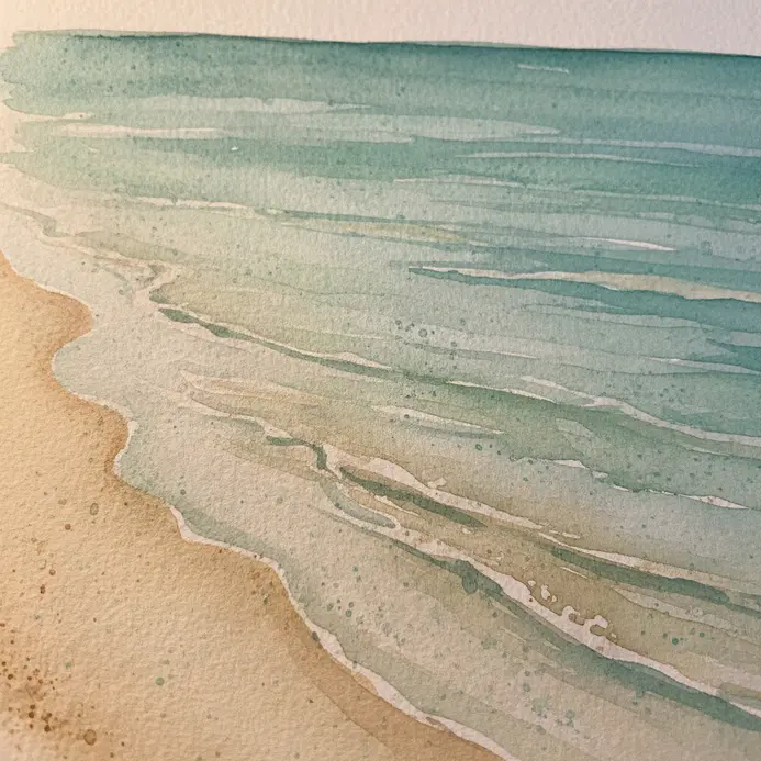 A calm watercolor beach scene with soft teal water and subtle ripple marks.