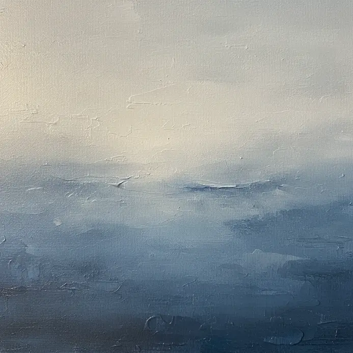 A blurred, atmospheric horizon line painted in muted slate blue across a canvas.