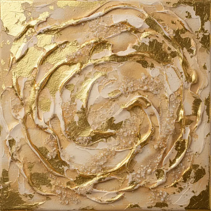 A square artwork featuring textured gold leaf applied over a smooth cream-colored background.