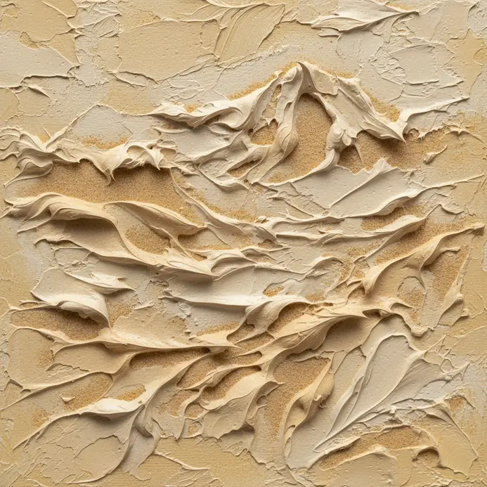 A textured abstract landscape resembling hills, built with pale sand-colored impasto.