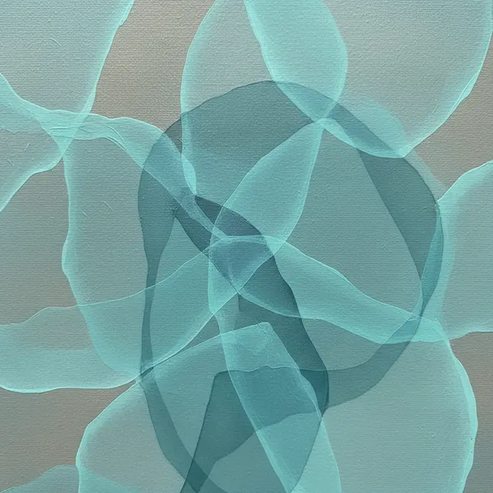 Multiple soft teal transparent shapes layered over one another to create depth.