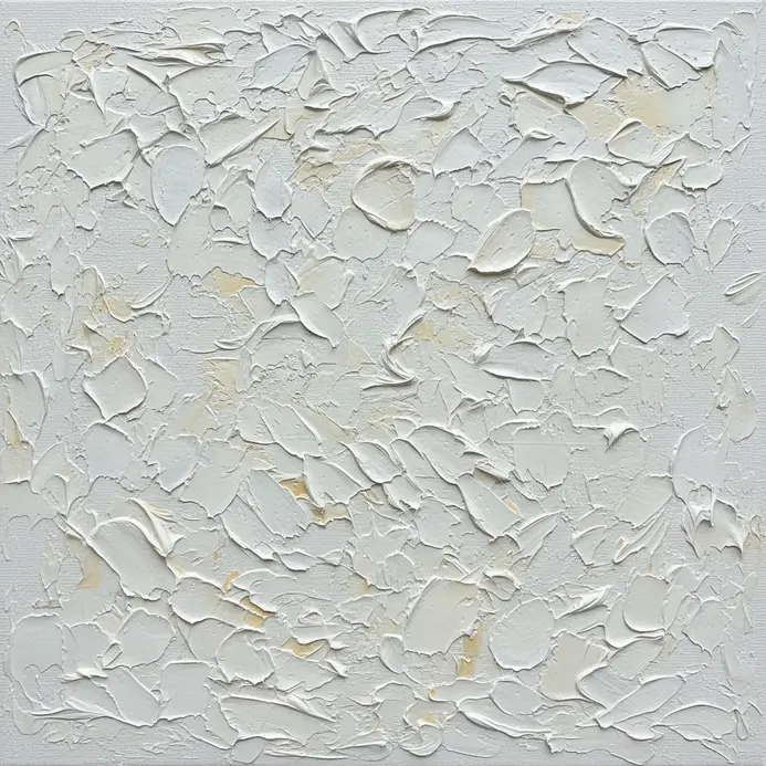 A textured white painting built with heavy impasto strokes using a palette knife.