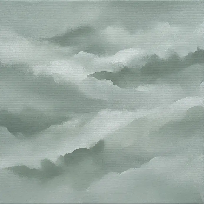 A misty, atmospheric painting in soft sage green with blurred, cloud-like forms.