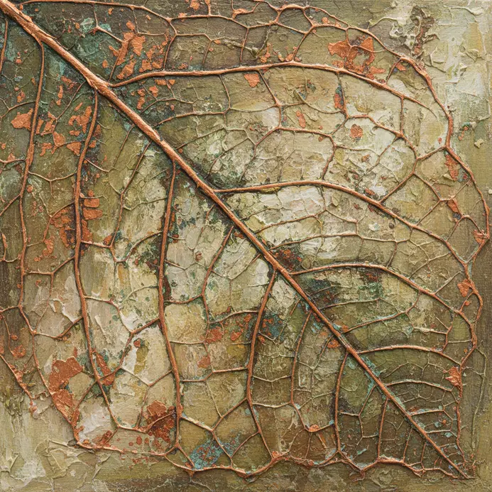 Deconstructed leaf veins rendered in metallic copper paint against a muted background.