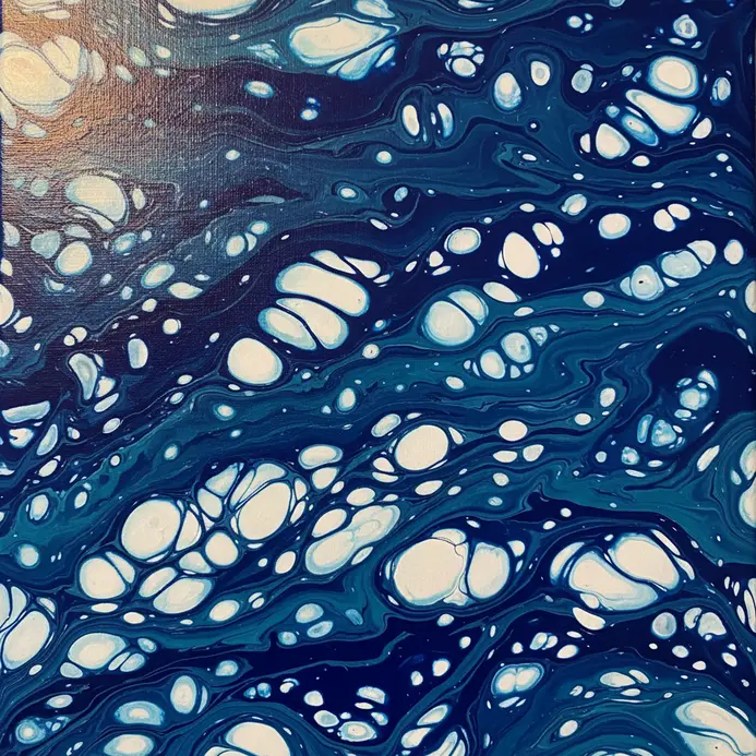 A smooth, marbled fluid painting with swirling patterns in rich navy blue and white.