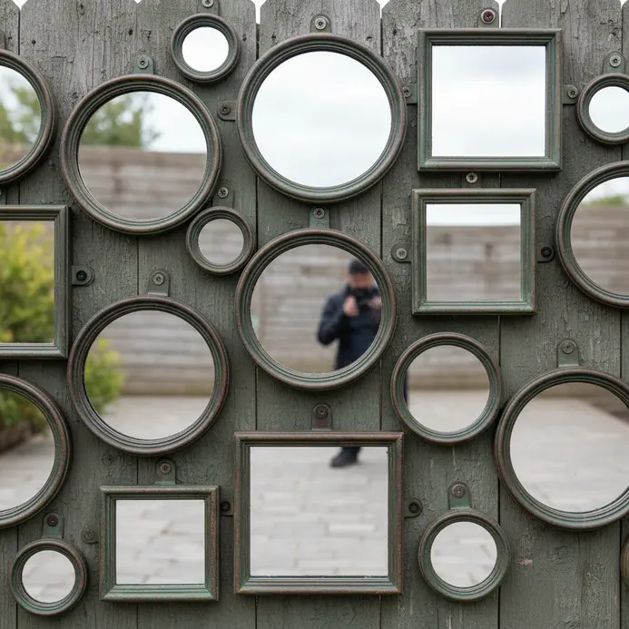 Several small mirrors with rustic frames arranged in a group on a wooden fence, reflecting light and greenery.