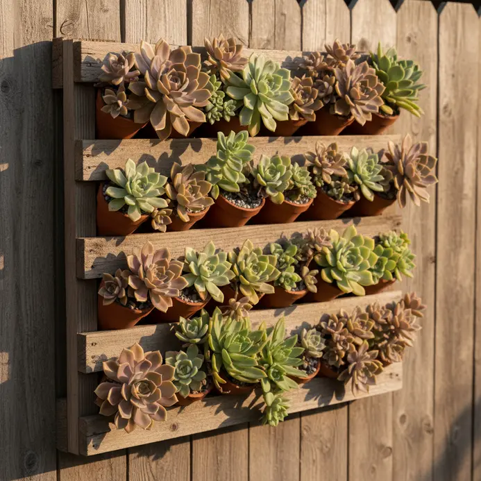 A vertical garden made from a wooden pallet attached to a fence, showcasing green and purple succulent plants.