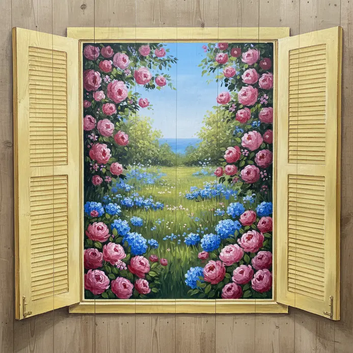 A realistic painting of an open window frame on a fence, revealing a detailed view of a flower garden beyond.