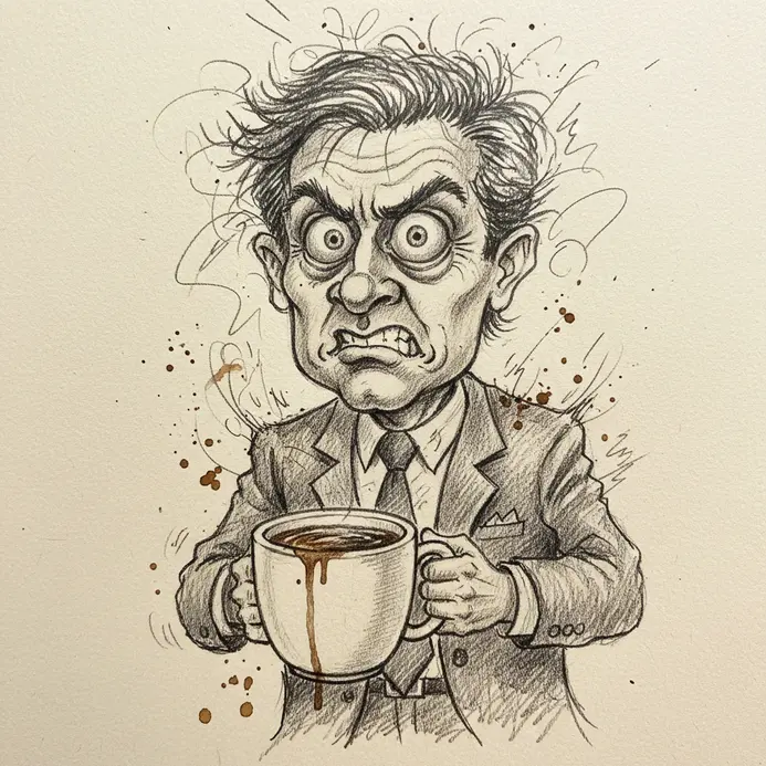 A caricature of an office worker with huge, bloodshot eyes and a jittery hand clutching a giant coffee mug.