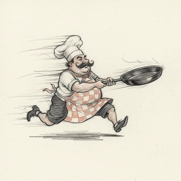 A caricature of a sprinter with one leg stretched far forward and the other bent sharply back, creating a blur of speed.