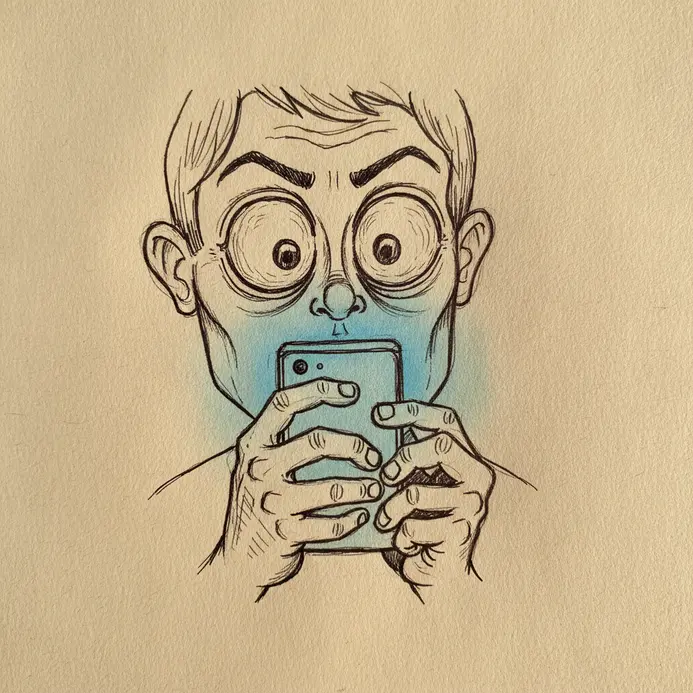 A caricature of a person with eyes bulging out of their head, fixed on a glowing phone held in curled fingers.
