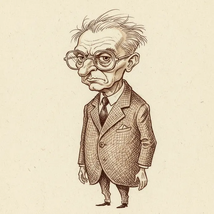 A caricature of a professor with a tiny, wiry body swallowed by a large tweed jacket and oversized glasses.