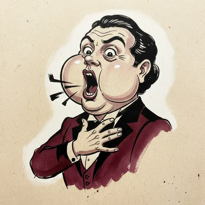 A caricature of an opera singer with cheeks inflated like balloons, a wide-open mouth, and a hand clasped to their chest.