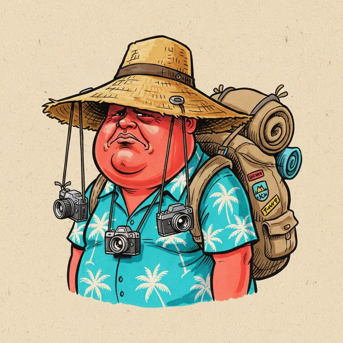 A caricature of a tourist with a bright red sunburn, hidden under a huge hat, multiple cameras, and a stuffed backpack.