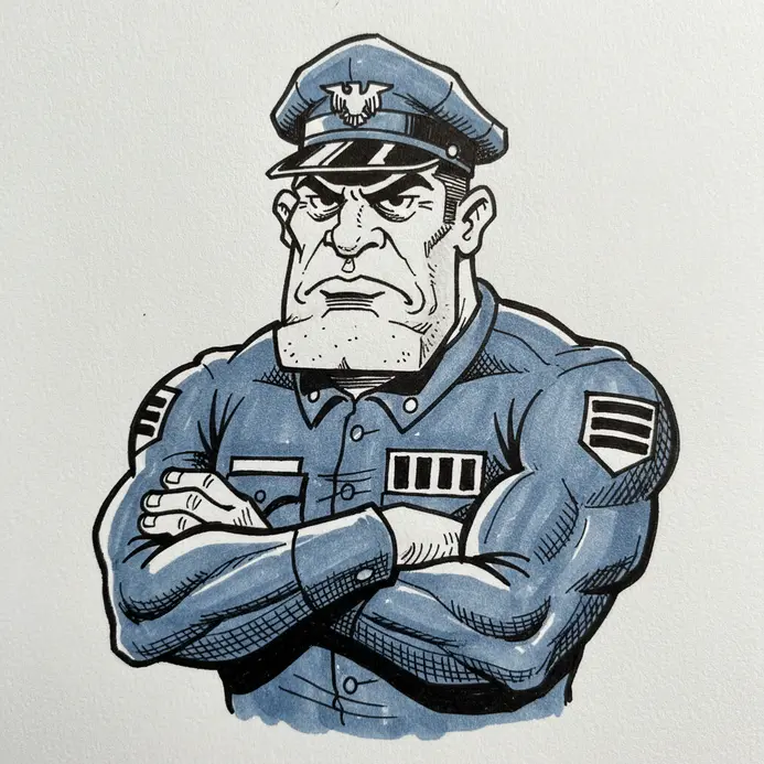 A caricature of a warden with a jawline sharp and square like a block, a permanent frown, and crossed arms.