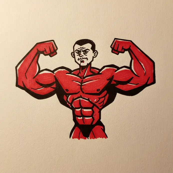 A caricature of a gym enthusiast with a tiny head and massively inflated, geometric shoulder and arm muscles.