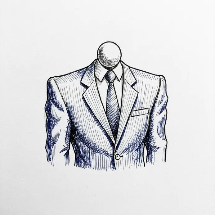 A caricature of a corporate boss in a suit, with a minuscule head atop broad, puffed-out shoulders and chest.