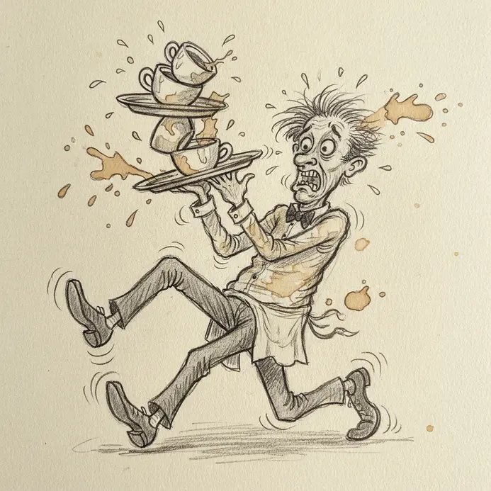 A caricature of a waiter with sweat droplets flying, elongated wobbly legs, and trays tipping in every direction.