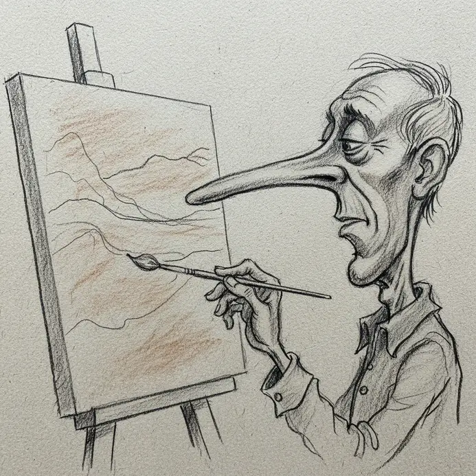 A caricature of an artist with an enormous, beak-like nose that points toward their canvas, holding a tiny brush.