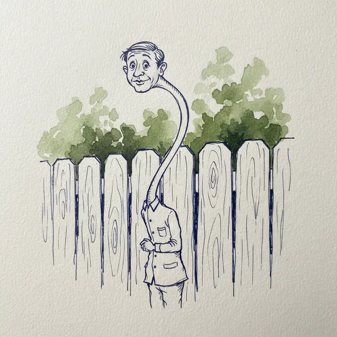 A caricature of a zookeeper with an extremely elongated, giraffe-like neck peering over a high fence.