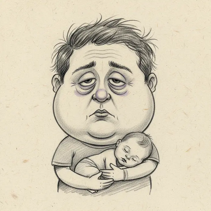 A caricature of a parent with a perfectly round, puffy face, heavy-lidded eyes, and hair sticking out in all directions.