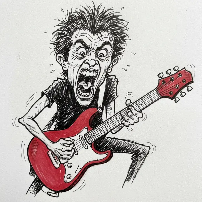 A caricature of a musician with a wild expression, a large guitar, and absurdly small, frantic hands on the fretboard.