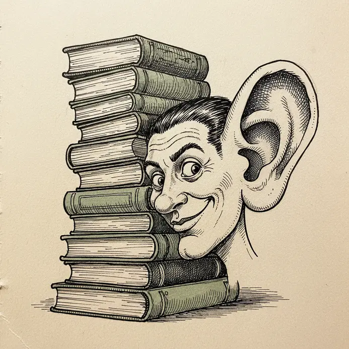 A caricature of a person hiding behind a bookshelf, with one massive, satellite-dish ear extended to catch a whisper.