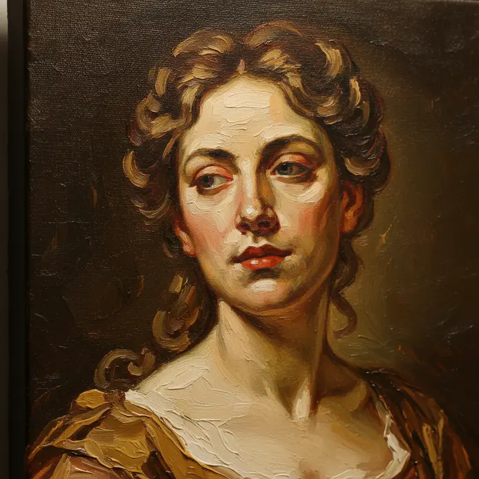 An oil painting portrait of a person set within a detailed, ornate gold frame with scrollwork.
